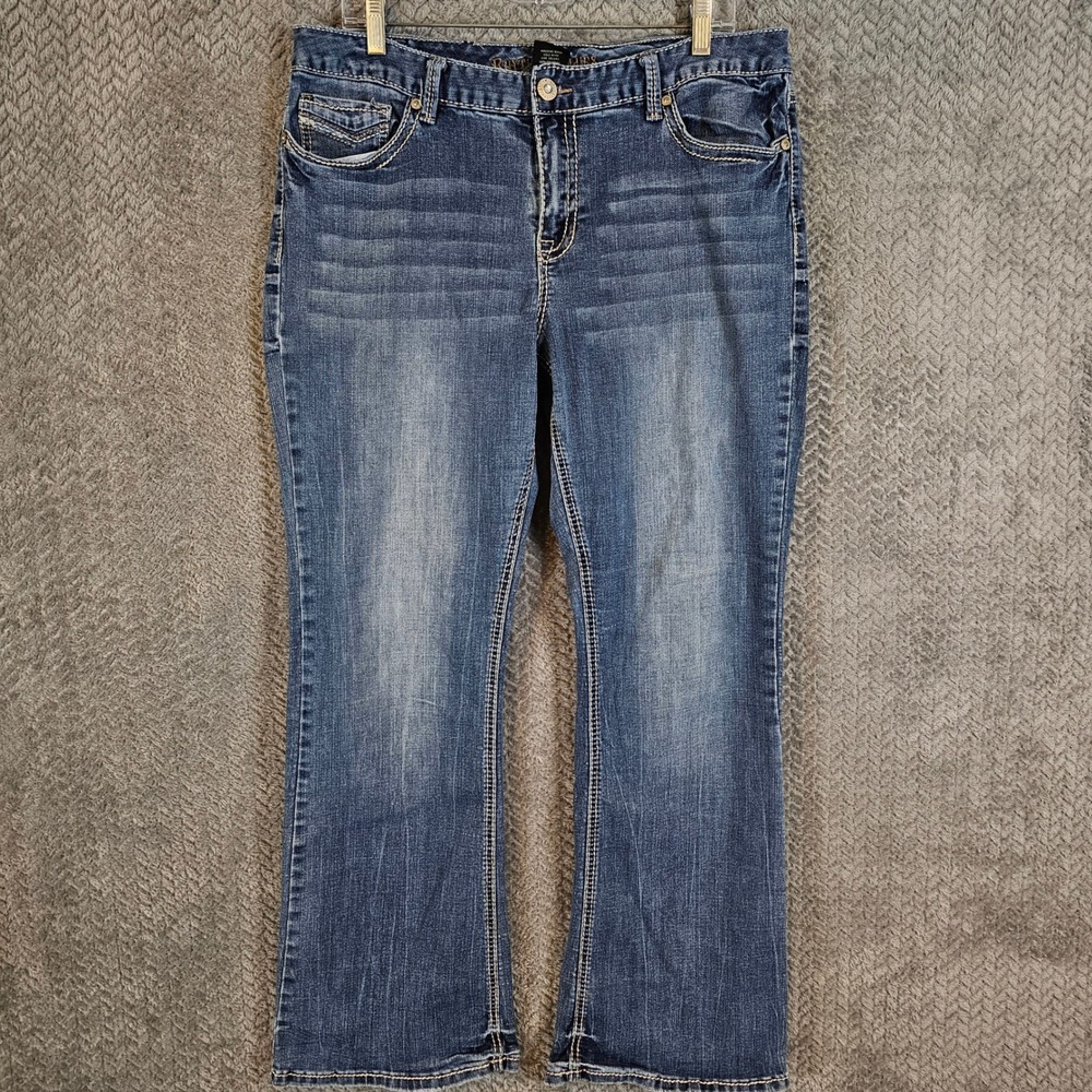 Rhythm‎ in Blues Womens Medium Wash Bootcut Jeans Contrast Stitching Blue Denim